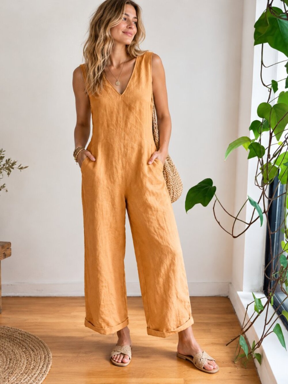 Vintage State of Claude Montana Nude Beige Linen Blend Jumpsuit 44/10